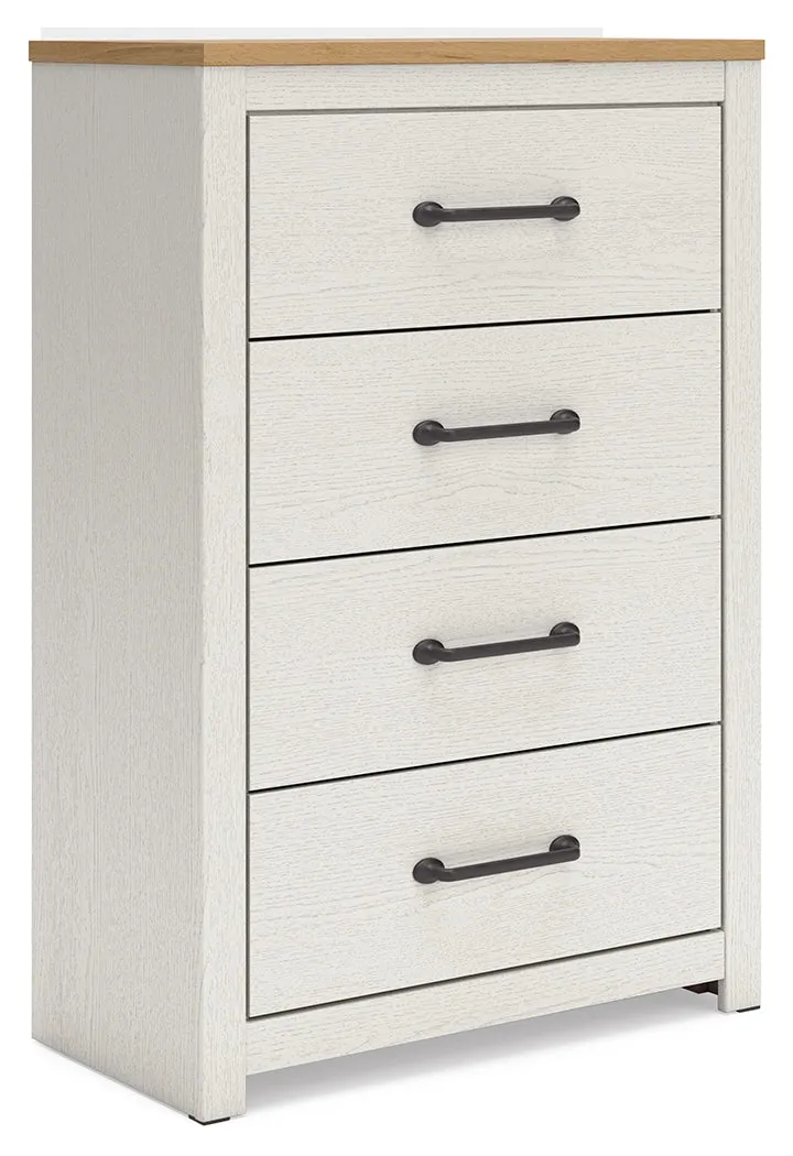 Linnocreek Twin Panel Bed with Mirrored Dresser, Chest and 2 Nightstands in White/Warm Brown
