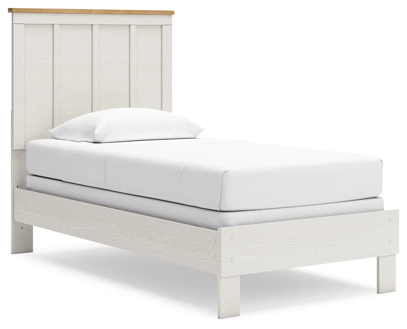 Linnocreek Twin Panel Bed with Mirrored Dresser, Chest and 2 Nightstands in White/Warm Brown