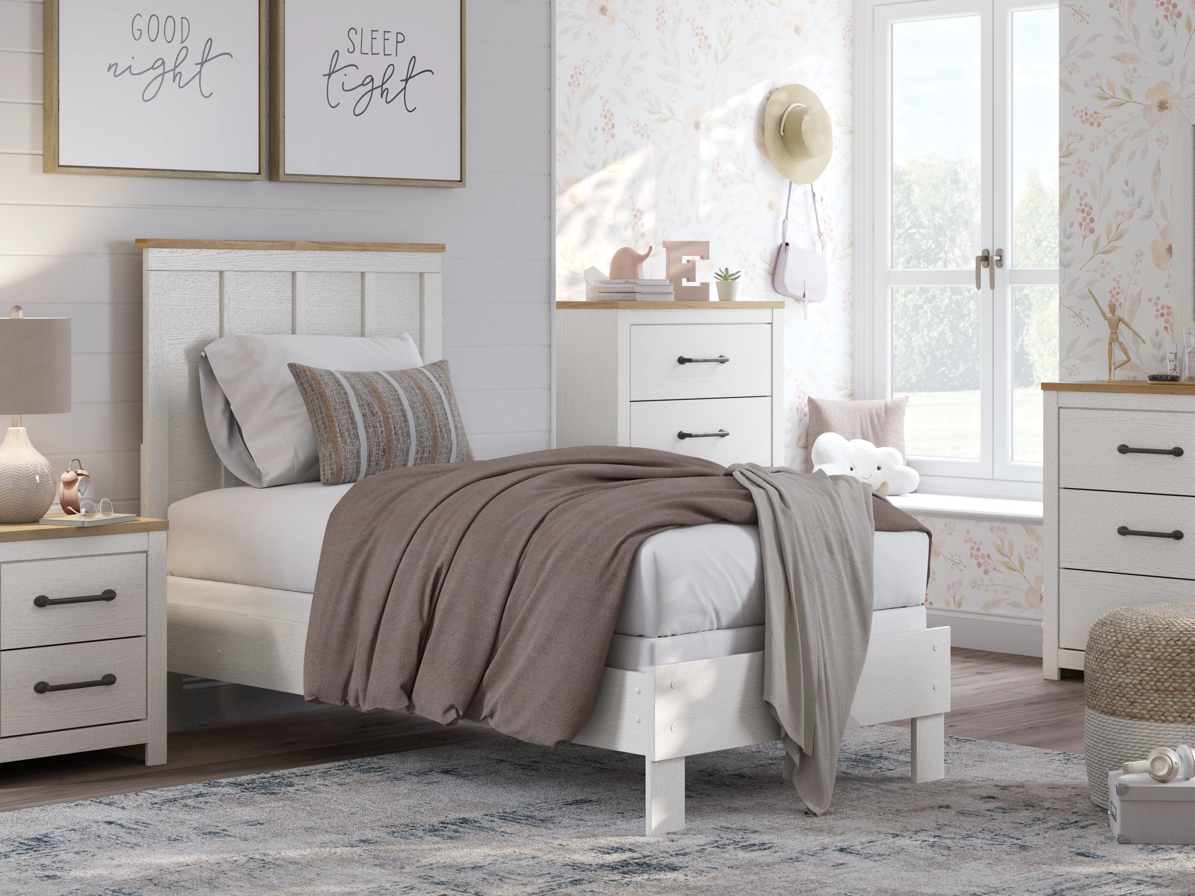 Linnocreek Twin Panel Bed with Mirrored Dresser, Chest and 2 Nightstands in White/Warm Brown