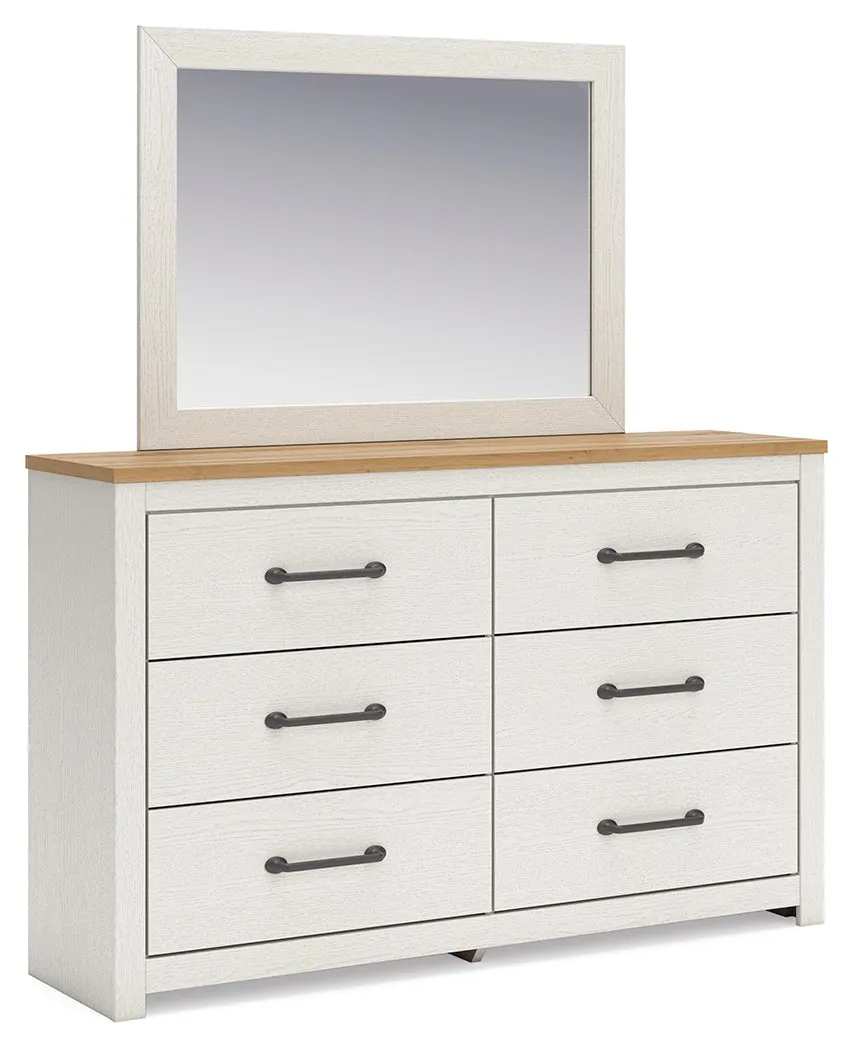 Linnocreek Twin Panel Headboard with Mirrored Dresser and 2 Nightstands in White/Warm Brown