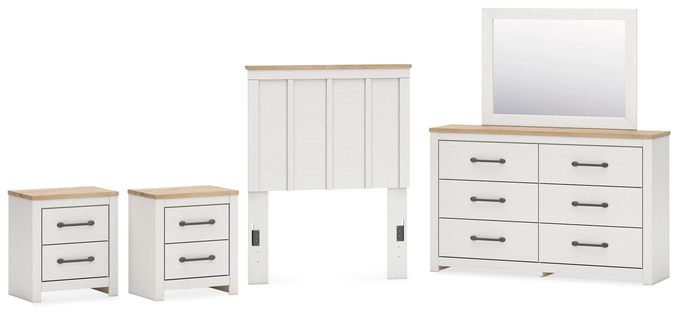 Linnocreek Twin Panel Headboard with Mirrored Dresser and 2 Nightstands in White/Warm Brown