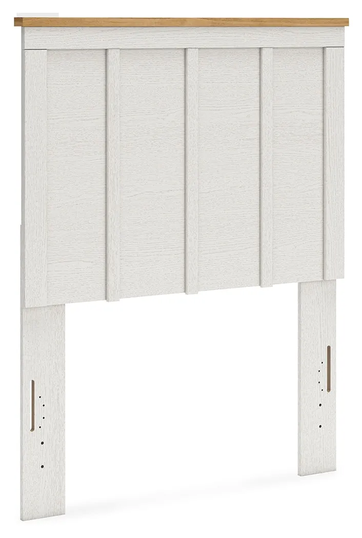 Linnocreek Twin Panel Headboard with Mirrored Dresser and 2 Nightstands in White/Warm Brown
