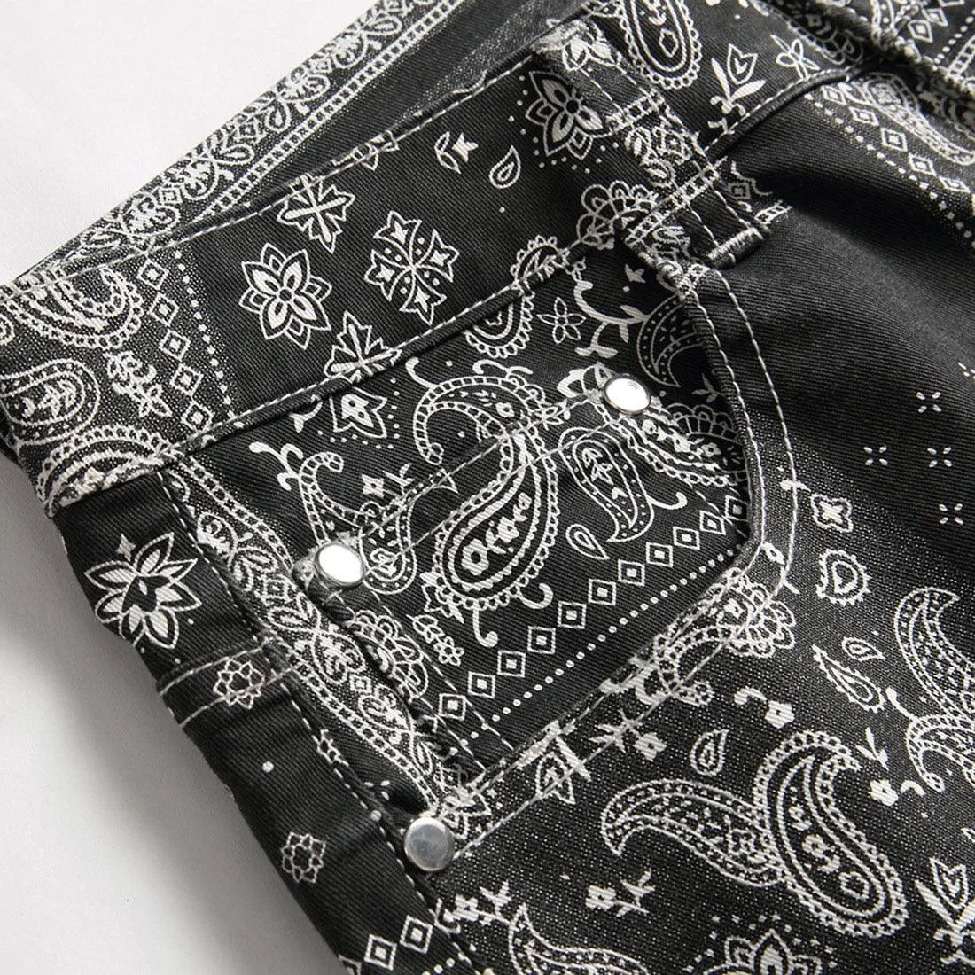 Mens Black Paisley Bandana Printed Jeans Fashion Pattern