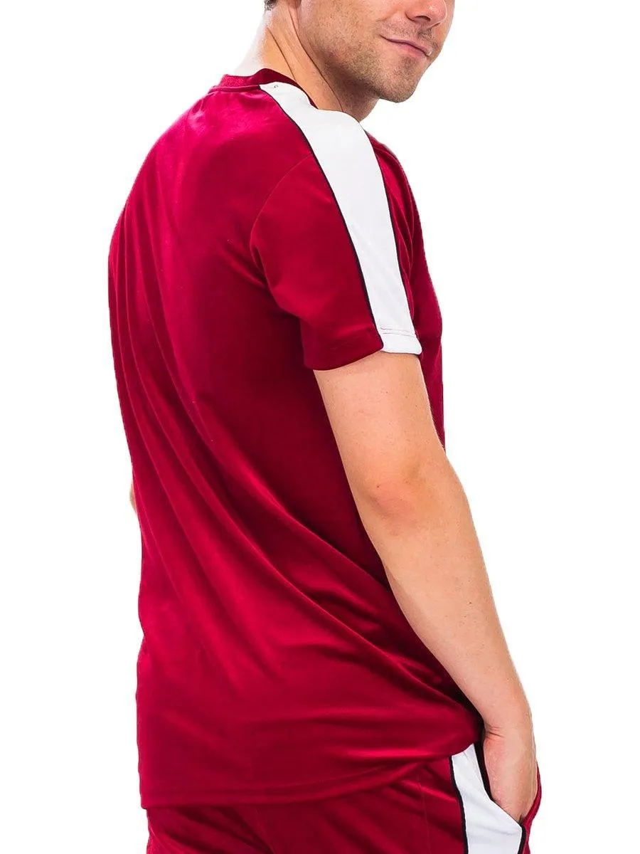 Mens Red With White Stripe Velvet Short Sleeve Shirt