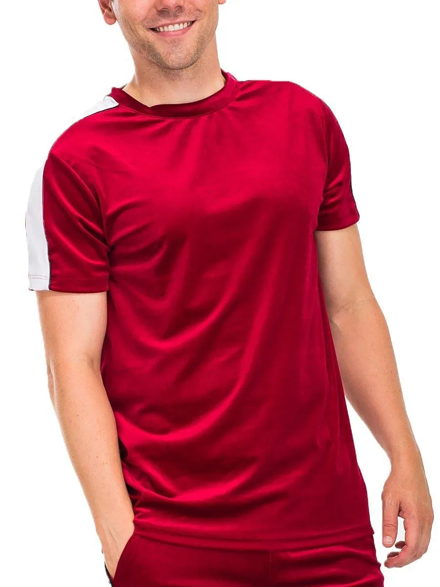 Mens Red With White Stripe Velvet Short Sleeve Shirt