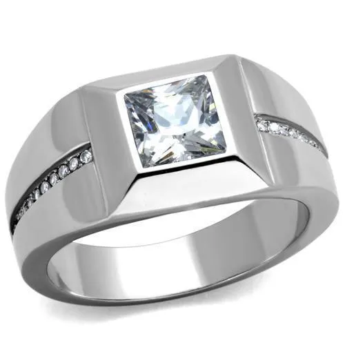 Mens Smooth Stainless Steel Cubic Zirconia Ring