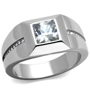 Mens Smooth Stainless Steel Cubic Zirconia Ring