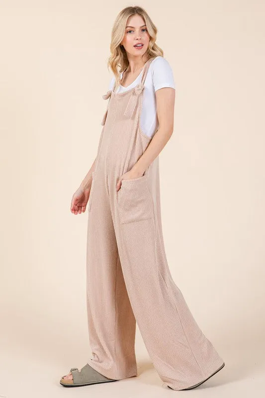 MQTIME  -  Knot Straps Wide Leg Ribbed Overalls with Pockets