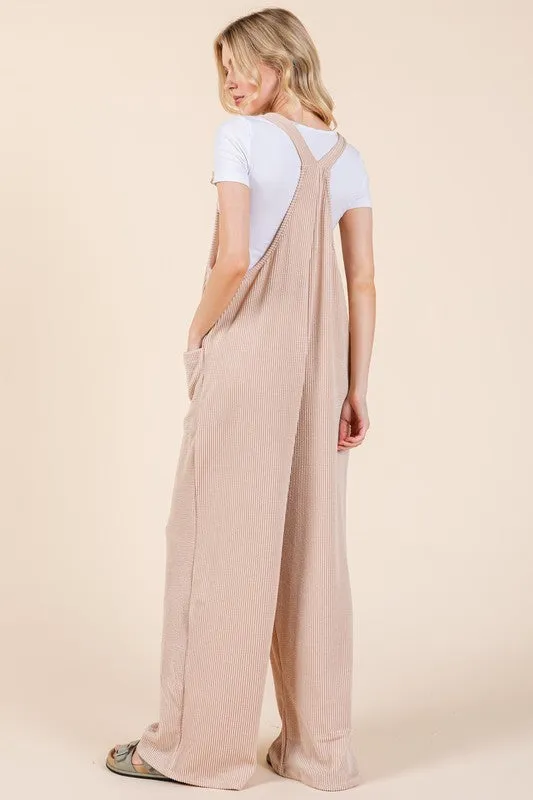 MQTIME  -  Knot Straps Wide Leg Ribbed Overalls with Pockets