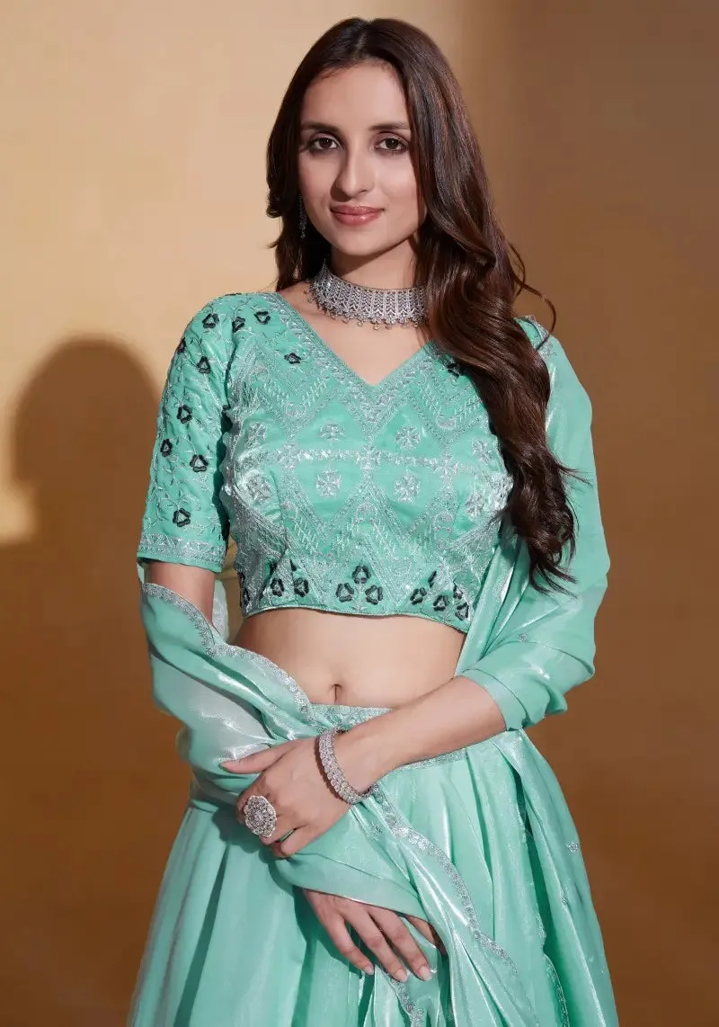 Sea Green Organza Silk Embroidered Lehenga Choli