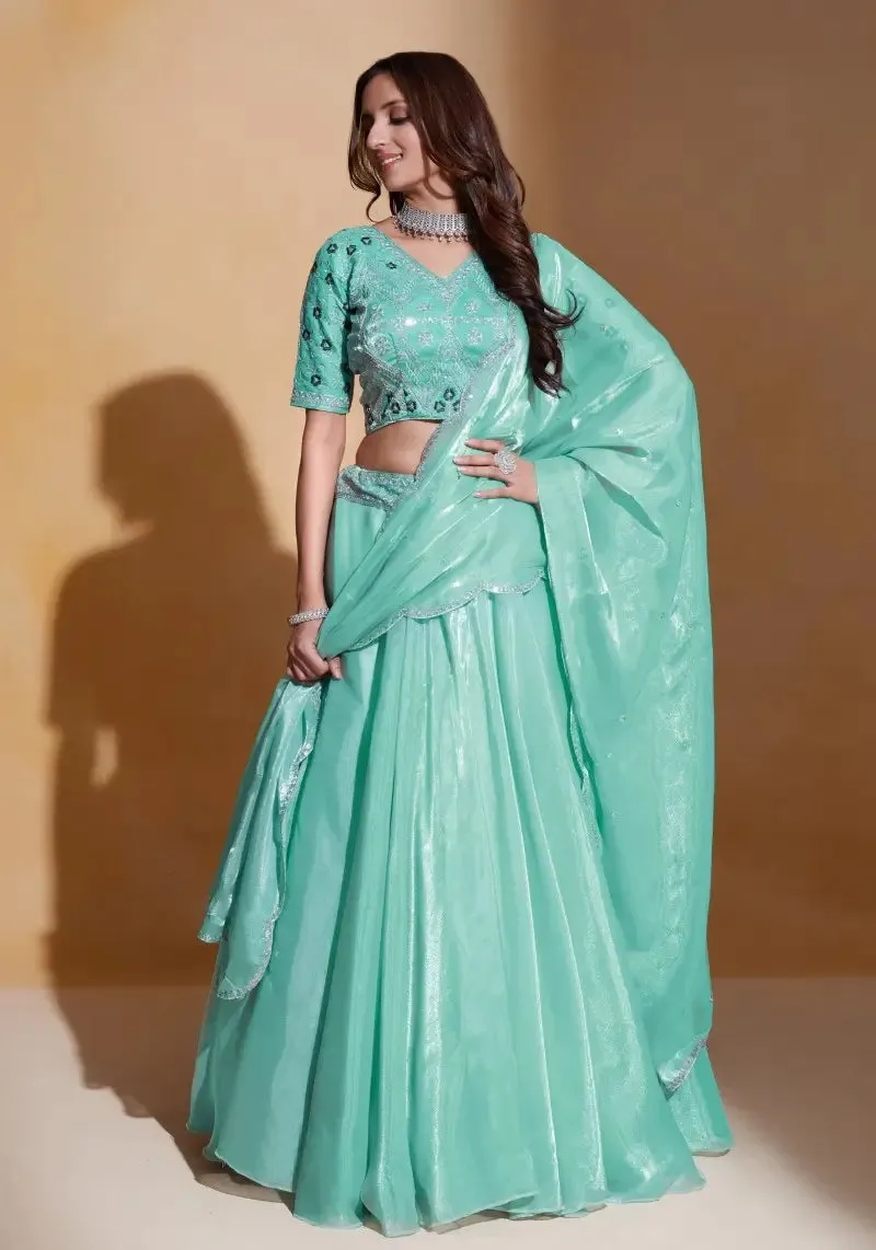 Sea Green Organza Silk Embroidered Lehenga Choli