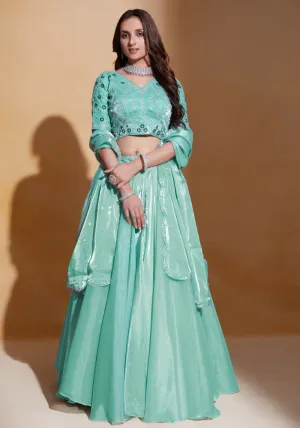 Sea Green Organza Silk Embroidered Lehenga Choli