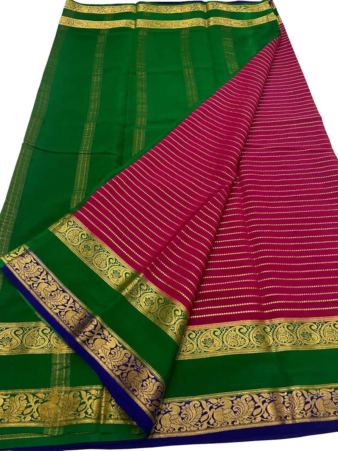 Stunning Pink & Green Mysore Crepe Silk Saree