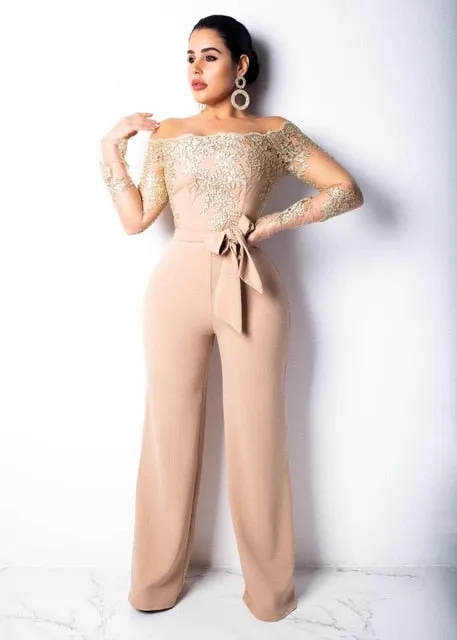VenusFox Lace Sexy Off Shoulder Patchwork Jumpsuit