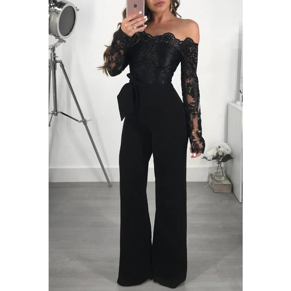 VenusFox Lace Sexy Off Shoulder Patchwork Jumpsuit