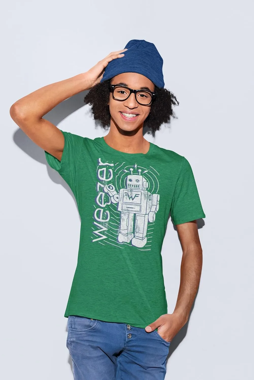Weezer Rock Band Robot & Logo Green Youth Short Sleeve T-Shirt Graphic Tee