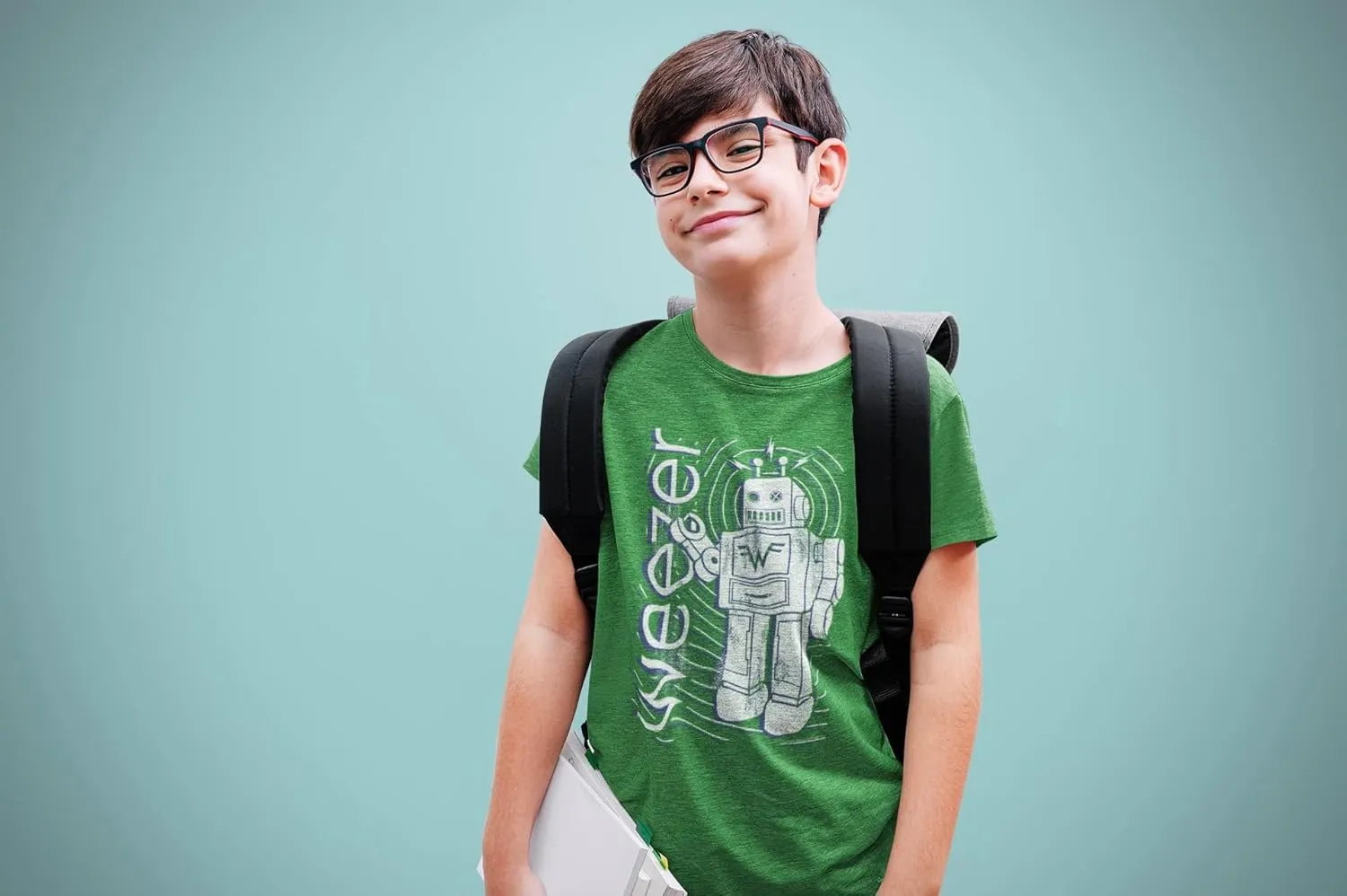 Weezer Rock Band Robot & Logo Green Youth Short Sleeve T-Shirt Graphic Tee