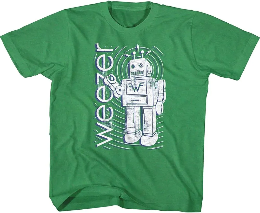 Weezer Rock Band Robot & Logo Green Youth Short Sleeve T-Shirt Graphic Tee