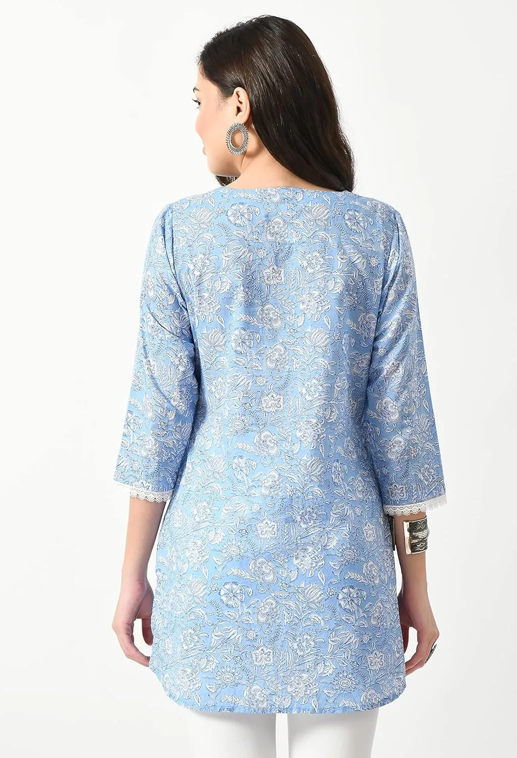 Women's Cotton 3/4 Sleeve Floral Printed Short Kurta - Blue