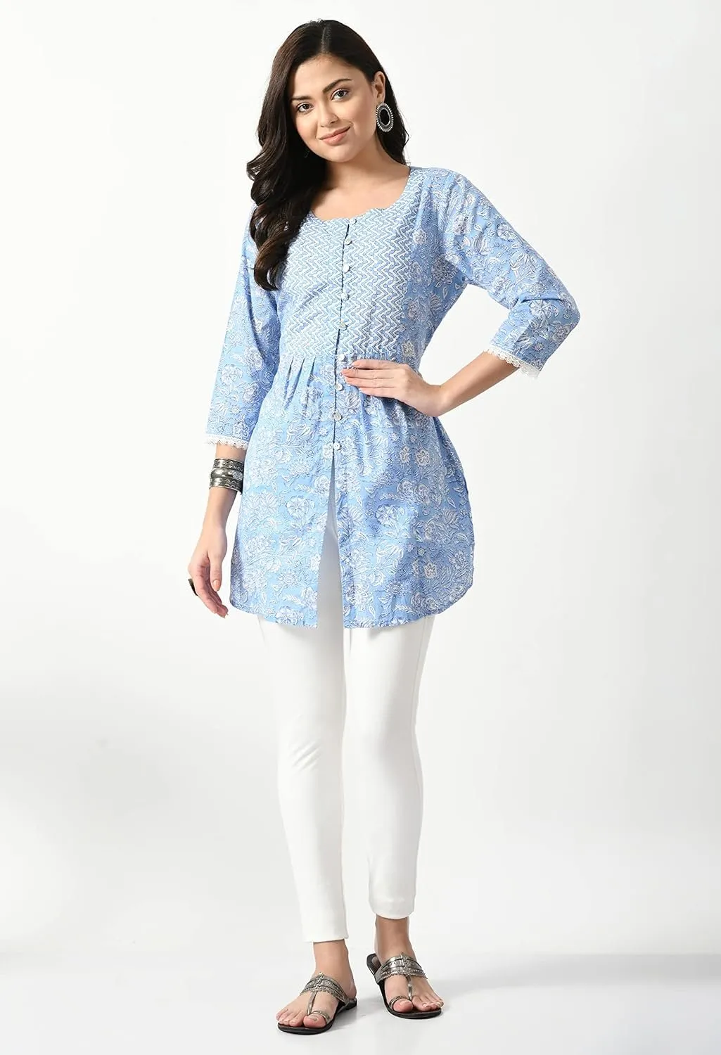 Women's Cotton 3/4 Sleeve Floral Printed Short Kurta - Blue