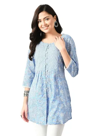 Women's Cotton 3/4 Sleeve Floral Printed Short Kurta - Blue