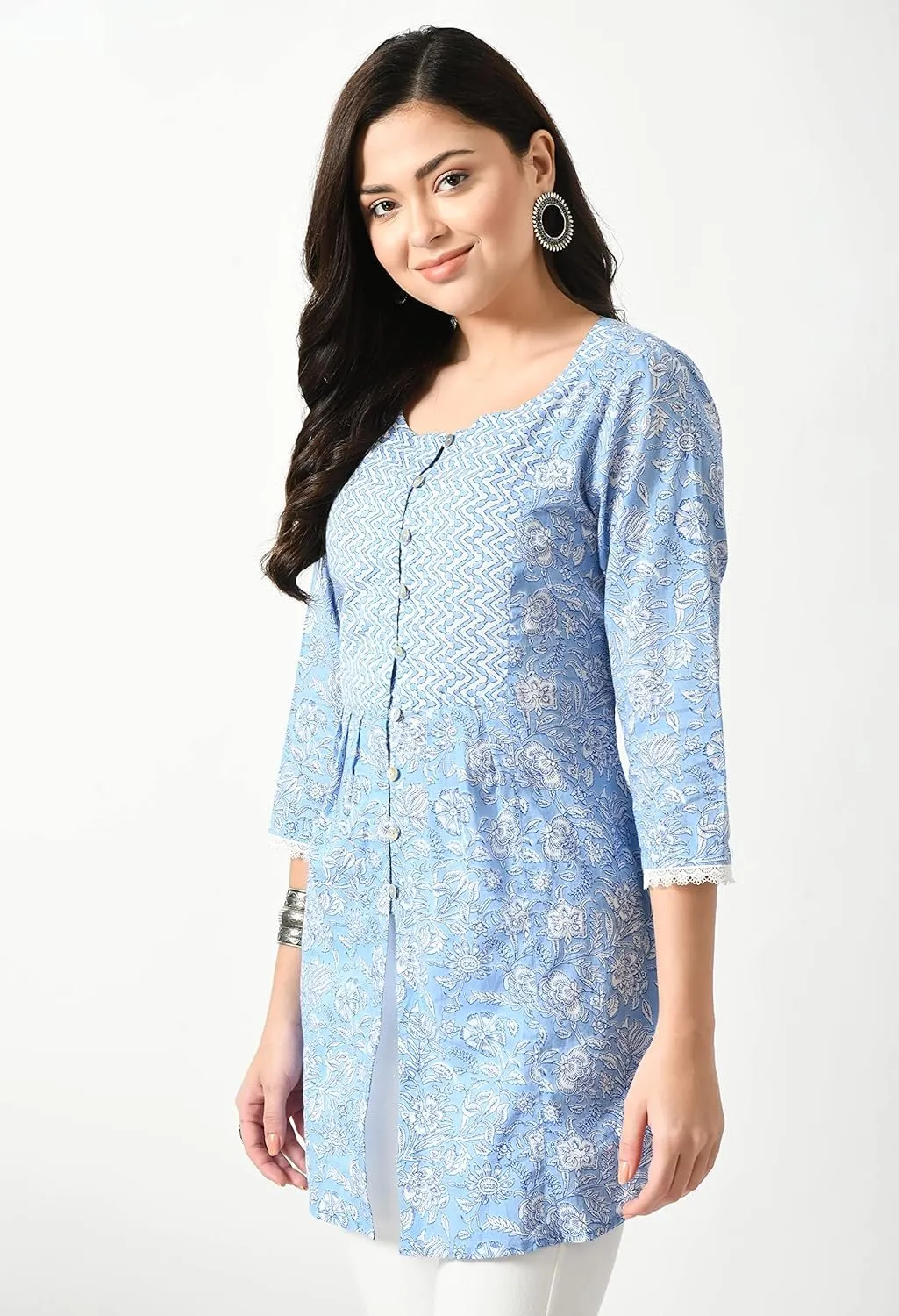 Women's Cotton 3/4 Sleeve Floral Printed Short Kurta - Blue