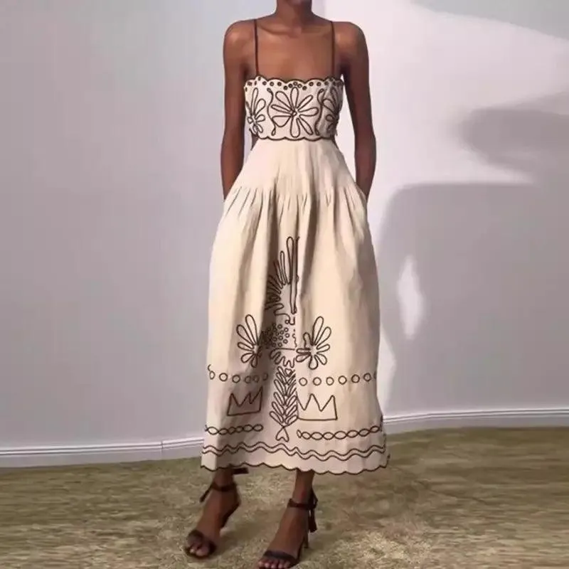 Women's Vintage Embroidered Linen Dress