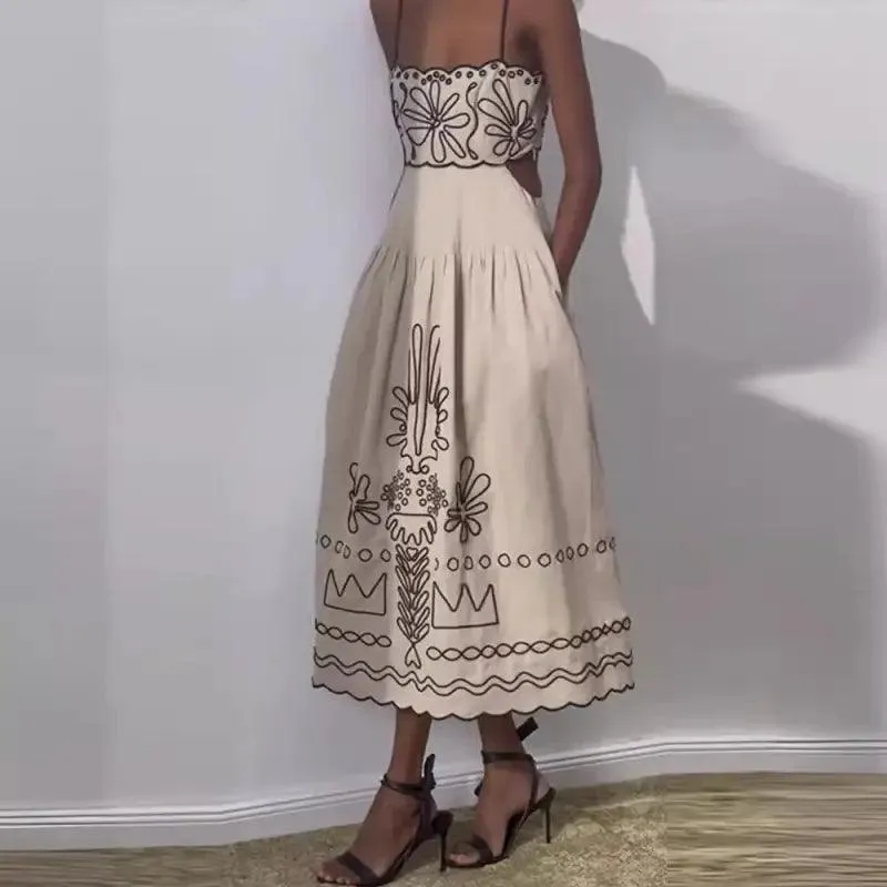 Women's Vintage Embroidered Linen Dress