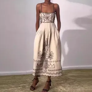 Women's Vintage Embroidered Linen Dress