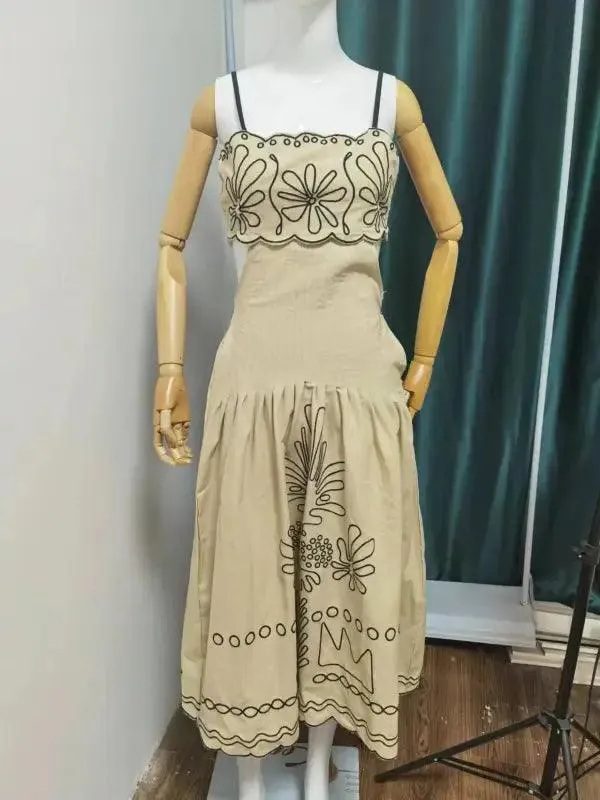 Women's Vintage Embroidered Linen Dress
