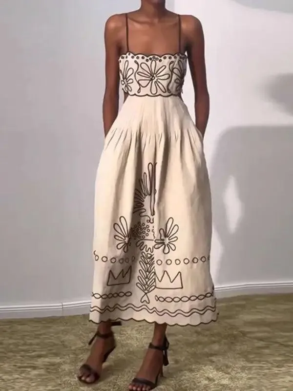 Women's Vintage Embroidered Linen Dress