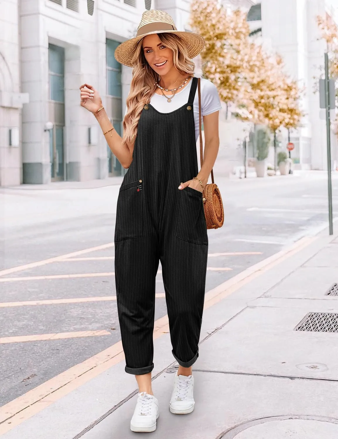 YESNO Women's Corduroy V Neck Harem Jumpsuits Adjustable Straps Casual Loose Overalls Rompers with Pockets PCU