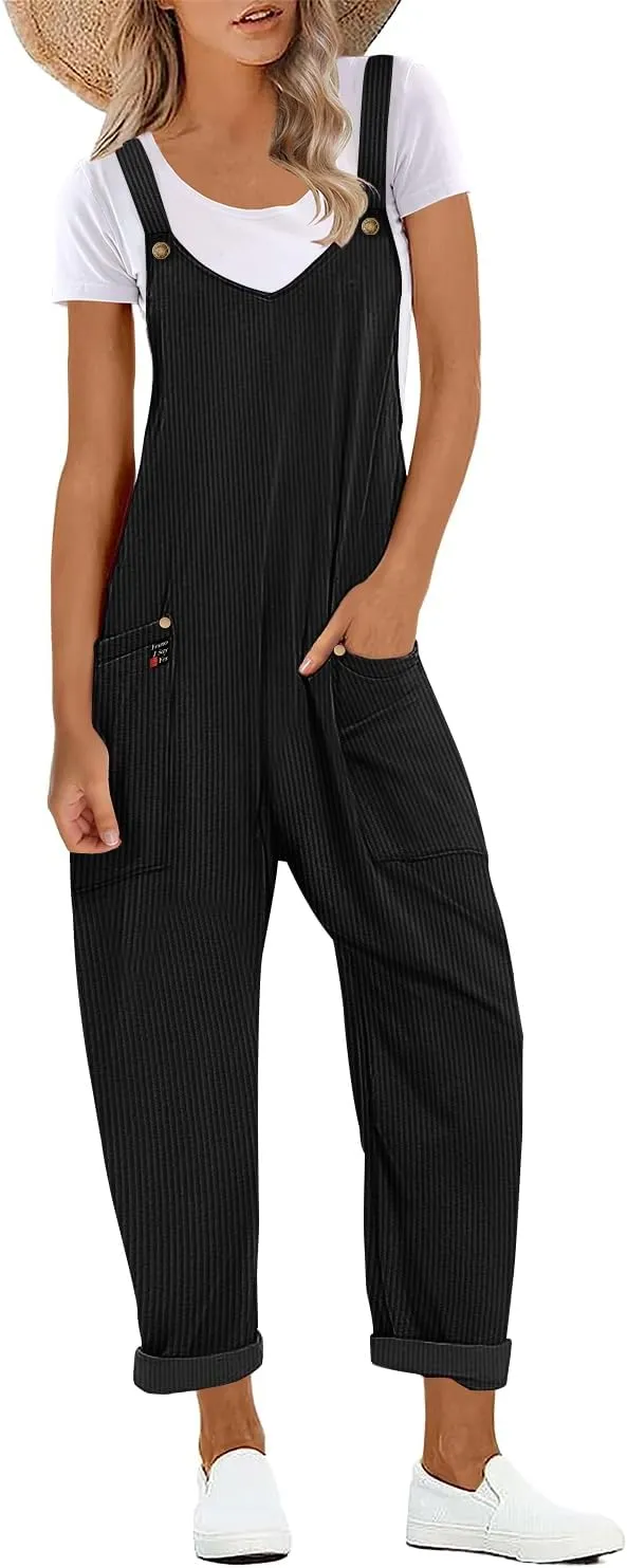 YESNO Women's Corduroy V Neck Harem Jumpsuits Adjustable Straps Casual Loose Overalls Rompers with Pockets PCU