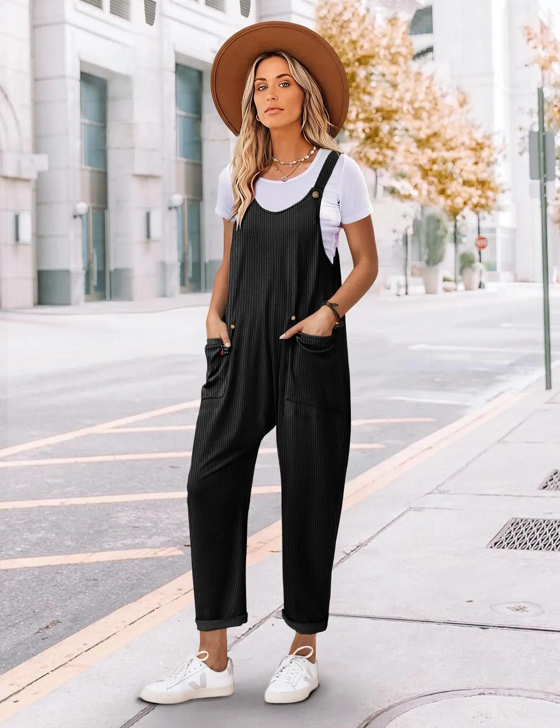 YESNO Women's Corduroy V Neck Harem Jumpsuits Adjustable Straps Casual Loose Overalls Rompers with Pockets PCU