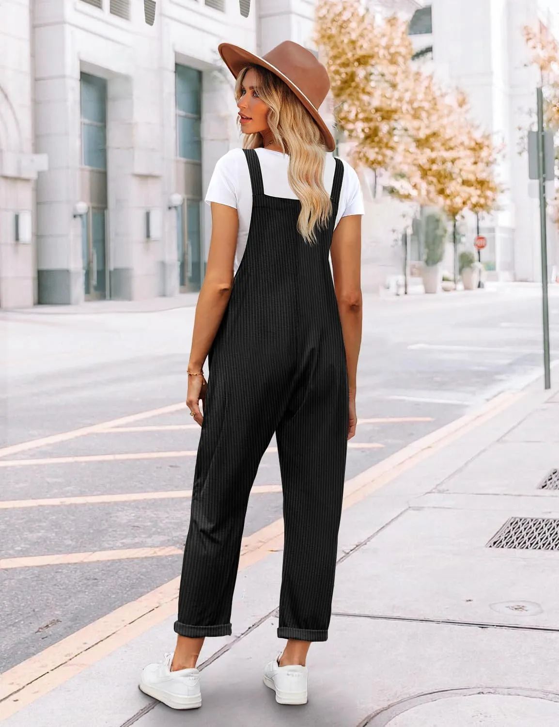 YESNO Women's Corduroy V Neck Harem Jumpsuits Adjustable Straps Casual Loose Overalls Rompers with Pockets PCU