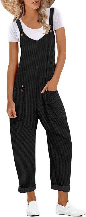 YESNO Women's Corduroy V Neck Harem Jumpsuits Adjustable Straps Casual Loose Overalls Rompers with Pockets PCU